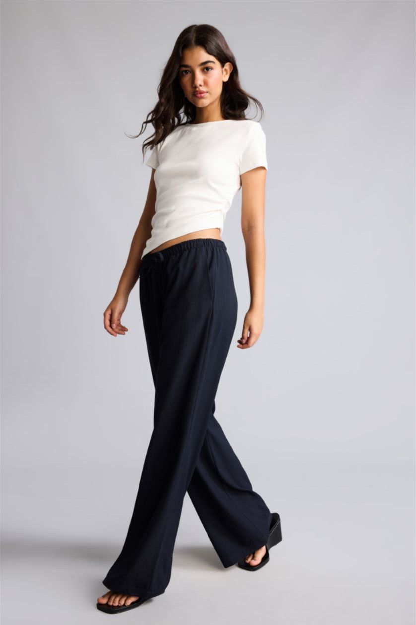 Women NAVY Normal Waist Wide Leg Trousers