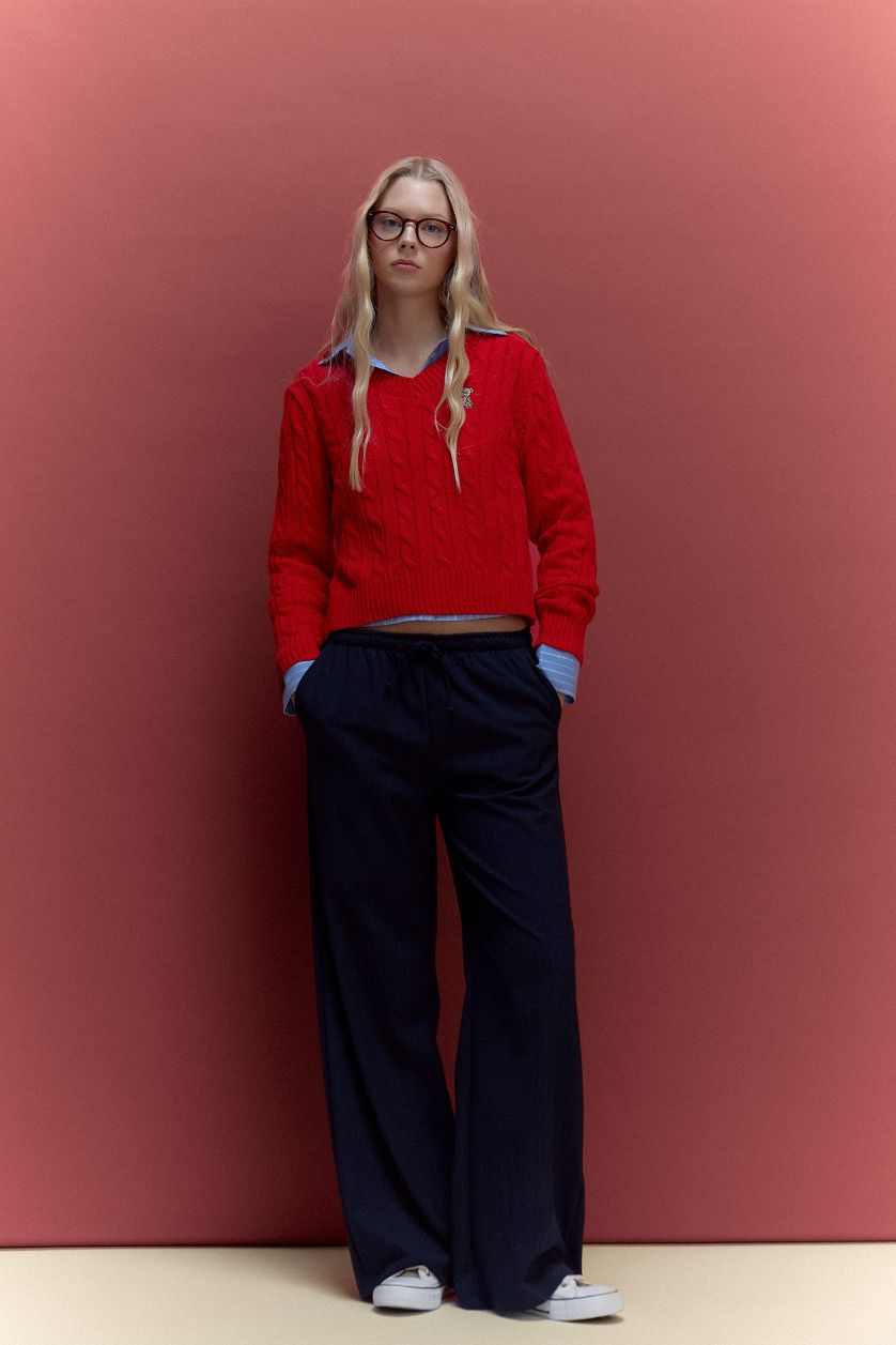 Kadın Lacivert Wıde Leg Çift Cepli Normal Bel Standart Boy Pantolon