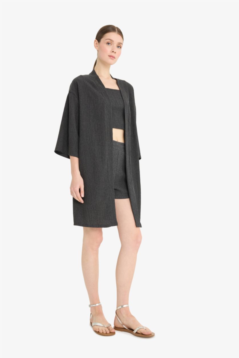 WOMAN Anthracite Relax Fit Crinkle Long Cardigan