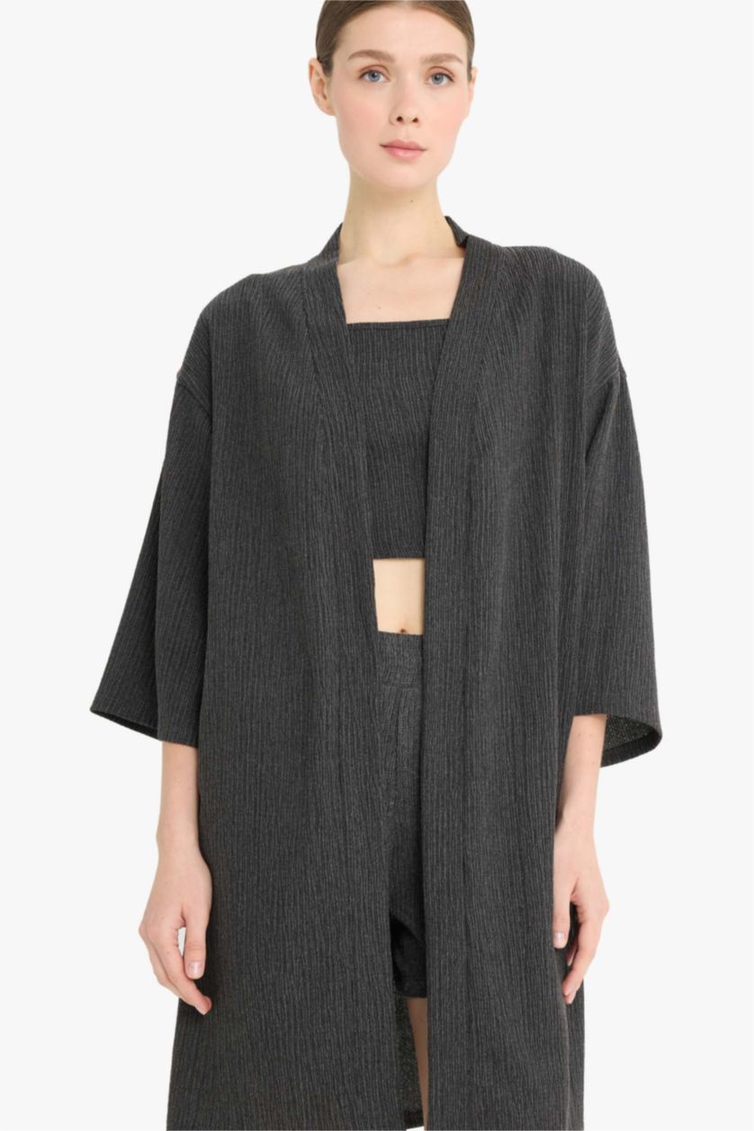 WOMAN Anthracite Relax Fit Crinkle Long Cardigan
