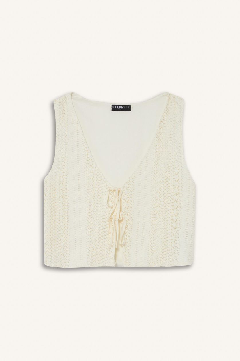 Kadın Ekru Loose Fit V Yaka Triko Görünümlü Önden Bağlamalı Kolsuz Bluz