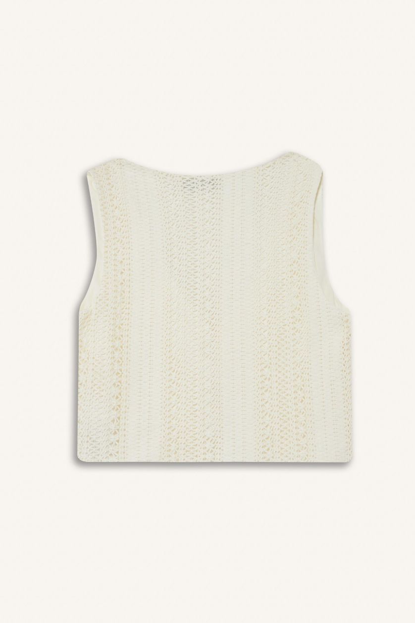 Kadın Ekru Loose Fit V Yaka Triko Görünümlü Önden Bağlamalı Kolsuz Bluz