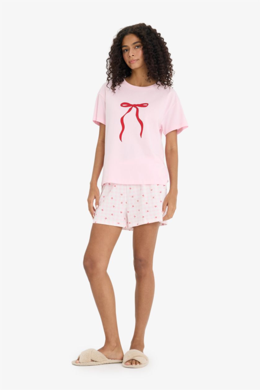 Kadın Açık Pembe Pijama Takımı Regular Fit Baskılı Kısa Kollu Üst Şort