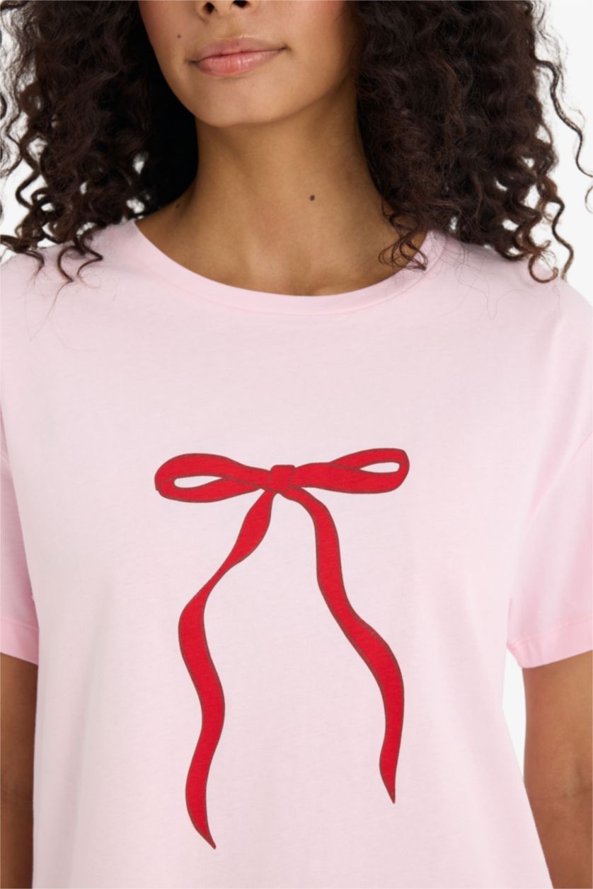 Kadın Açık Pembe Pijama Takımı Regular Fit Baskılı Kısa Kollu Üst Şort