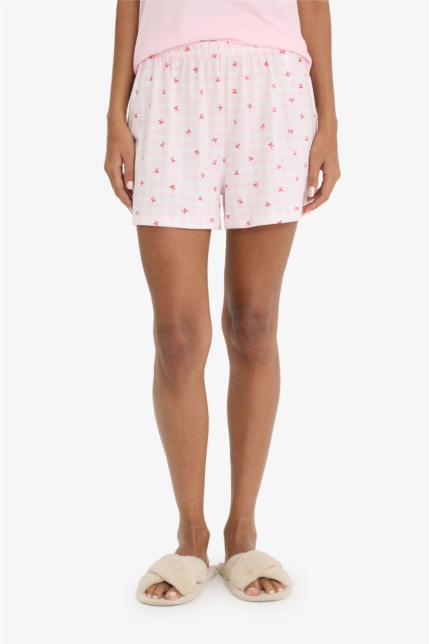 Kadın Açık Pembe Pijama Takımı Regular Fit Baskılı Kısa Kollu Üst Şort