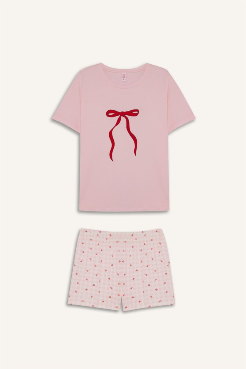 Kadın Açık Pembe Pijama Takımı Regular Fit Baskılı Kısa Kollu Üst Şort