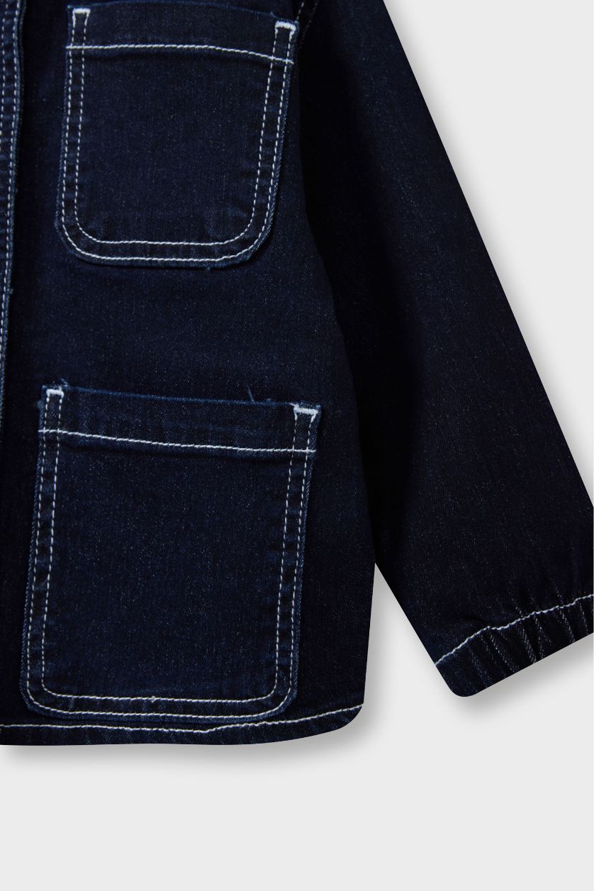 Erkek Bebek Koyu Mavi Kapüşonlu Düğmeli Denim Ceket Erkek Bebek