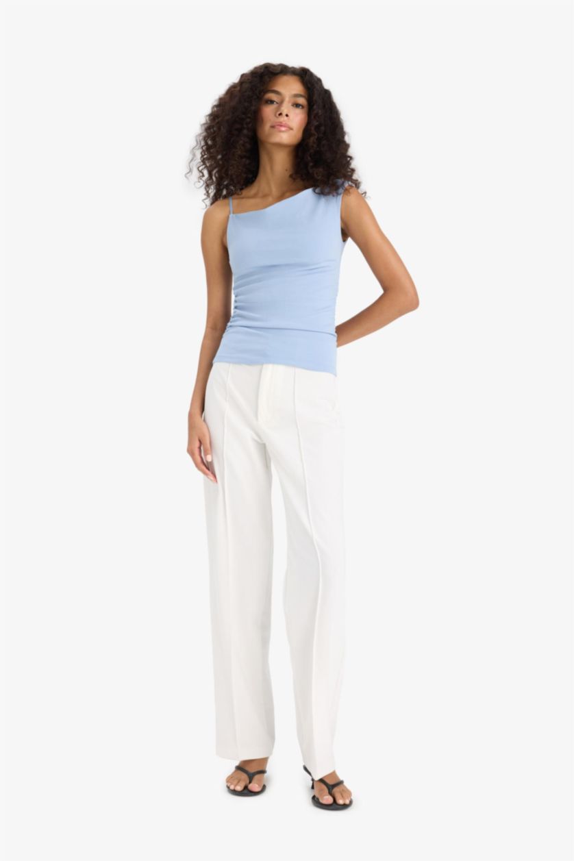 Kadın Açık Mavi Asimetrik Tek Omuzlu Krep Bluz