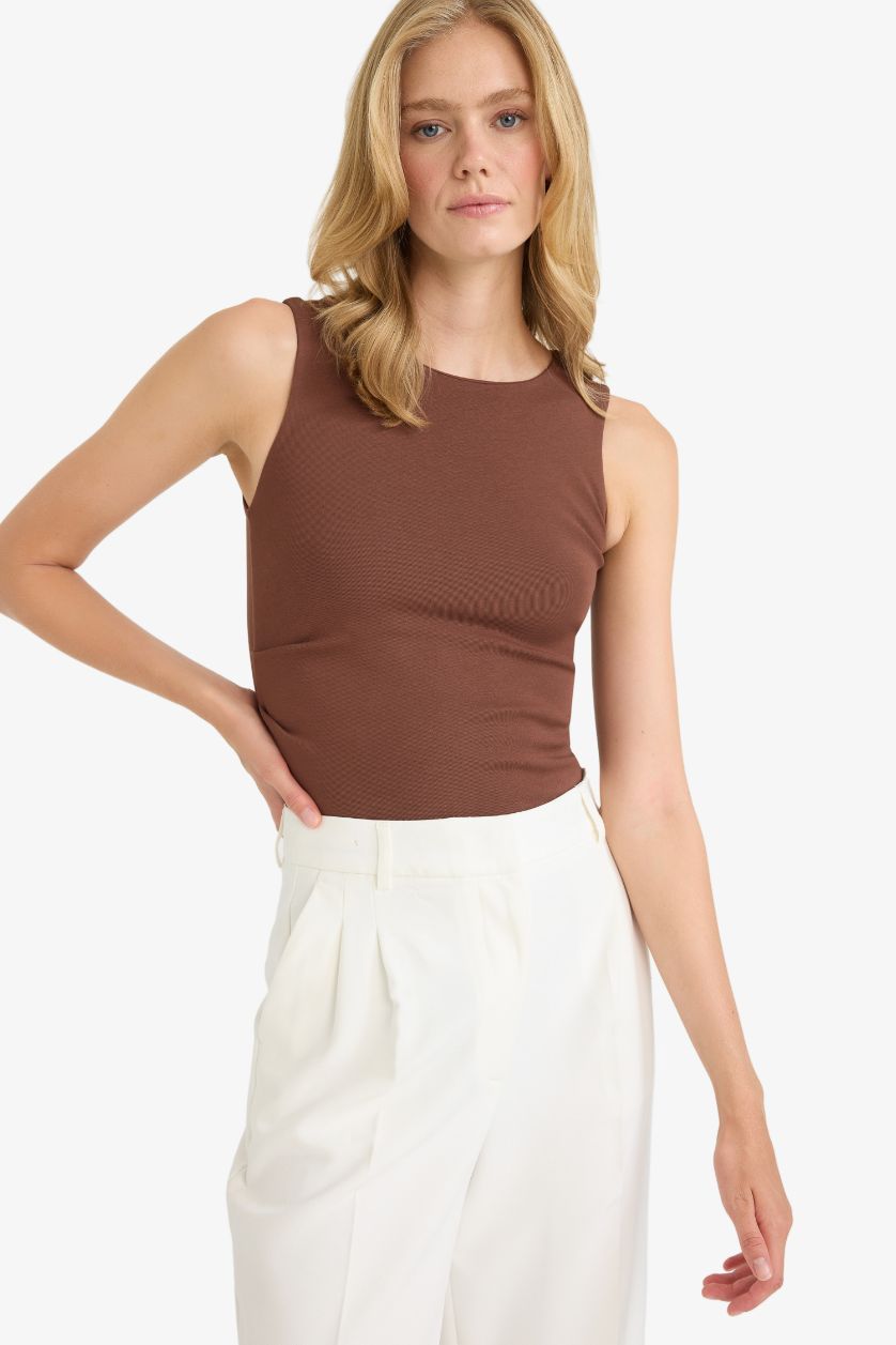 Kadın Kahve Slım Fıt Bisiklet Yaka Ribana Atlet