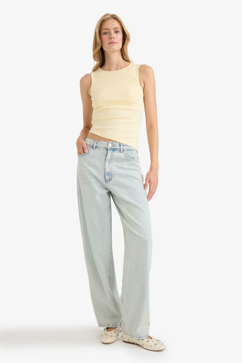 WOMAN Light Yellow Slim Fit Ribana Crew Neck Tank Top