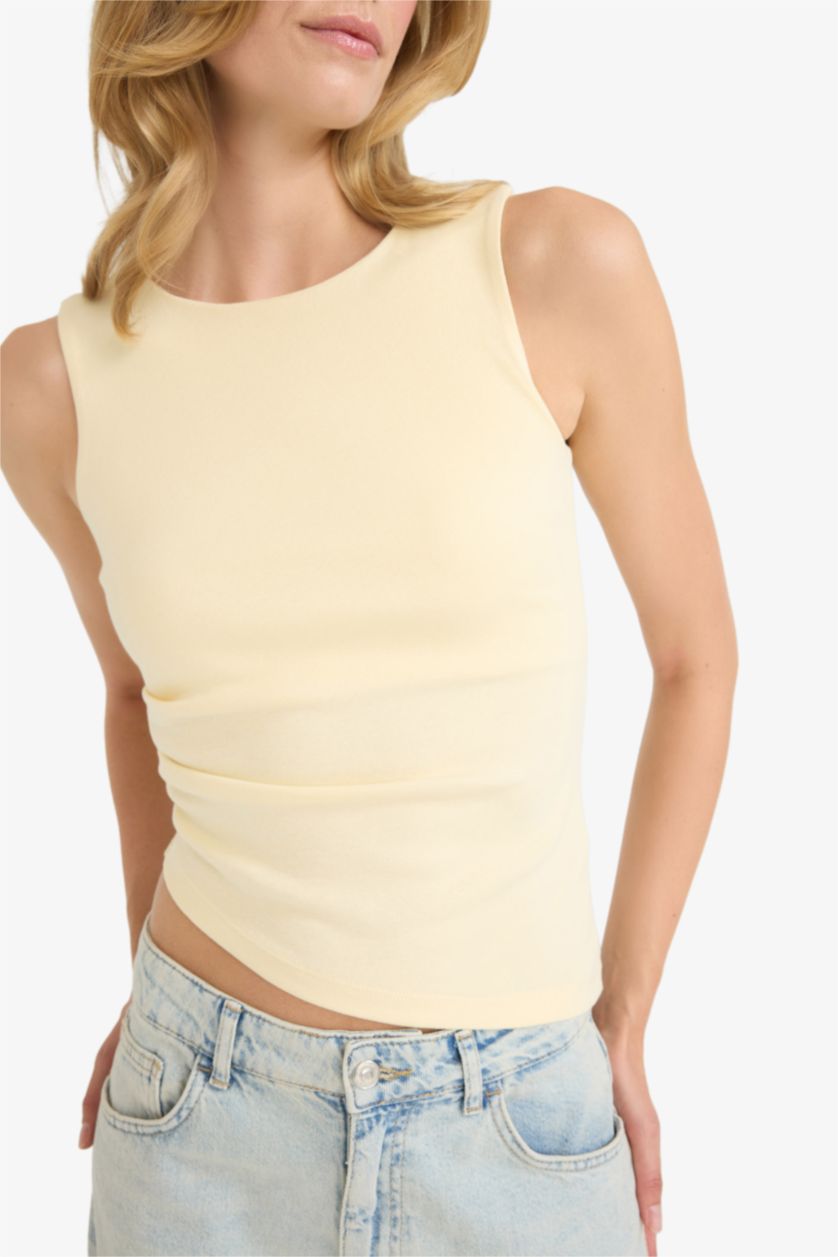 WOMAN Light Yellow Slim Fit Ribana Crew Neck Tank Top