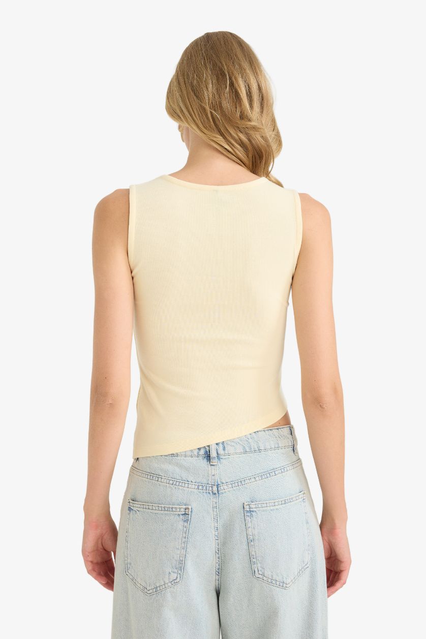 WOMAN Light Yellow Slim Fit Ribana Crew Neck Tank Top