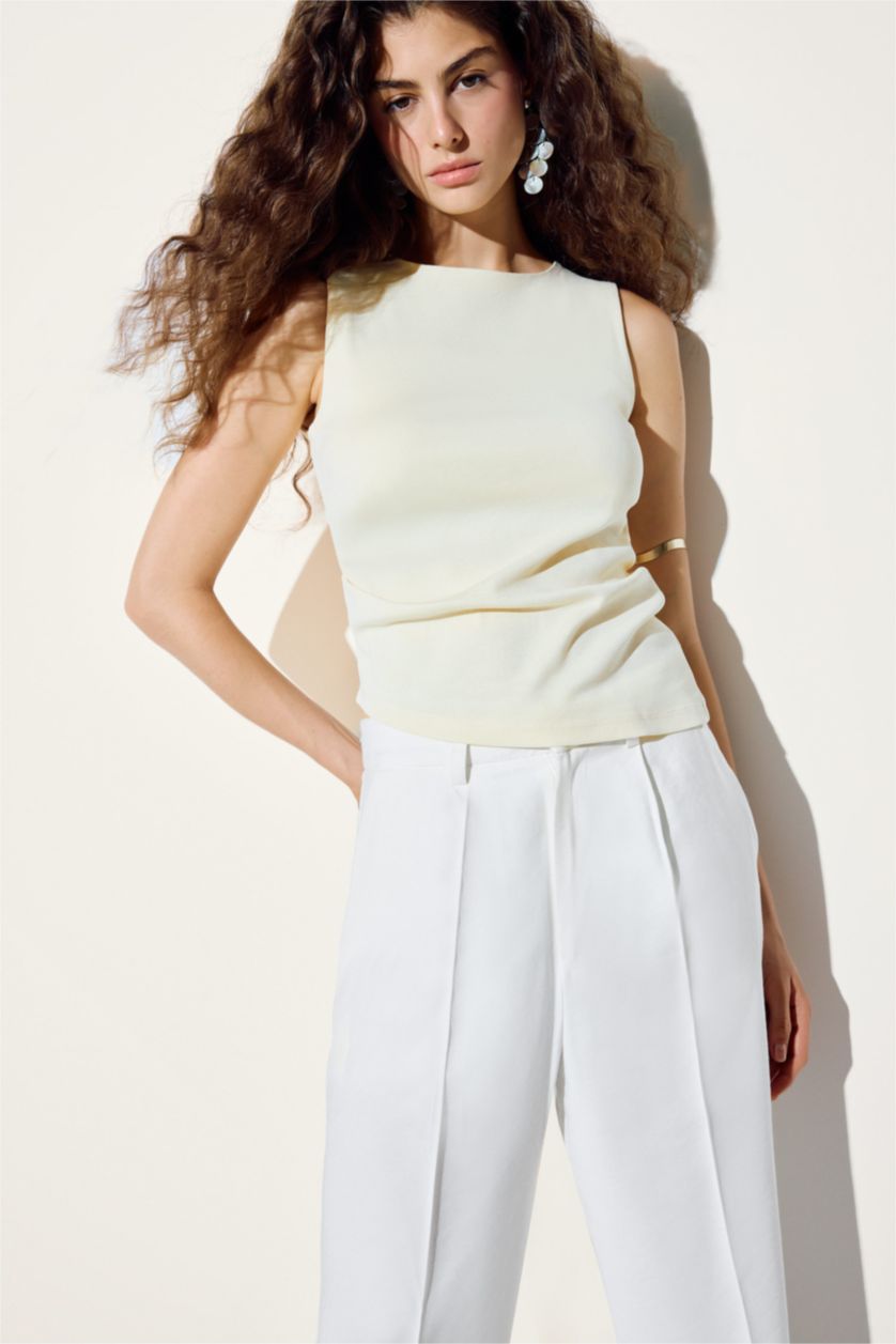 WOMAN Light Yellow Slim Fit Ribana Crew Neck Tank Top
