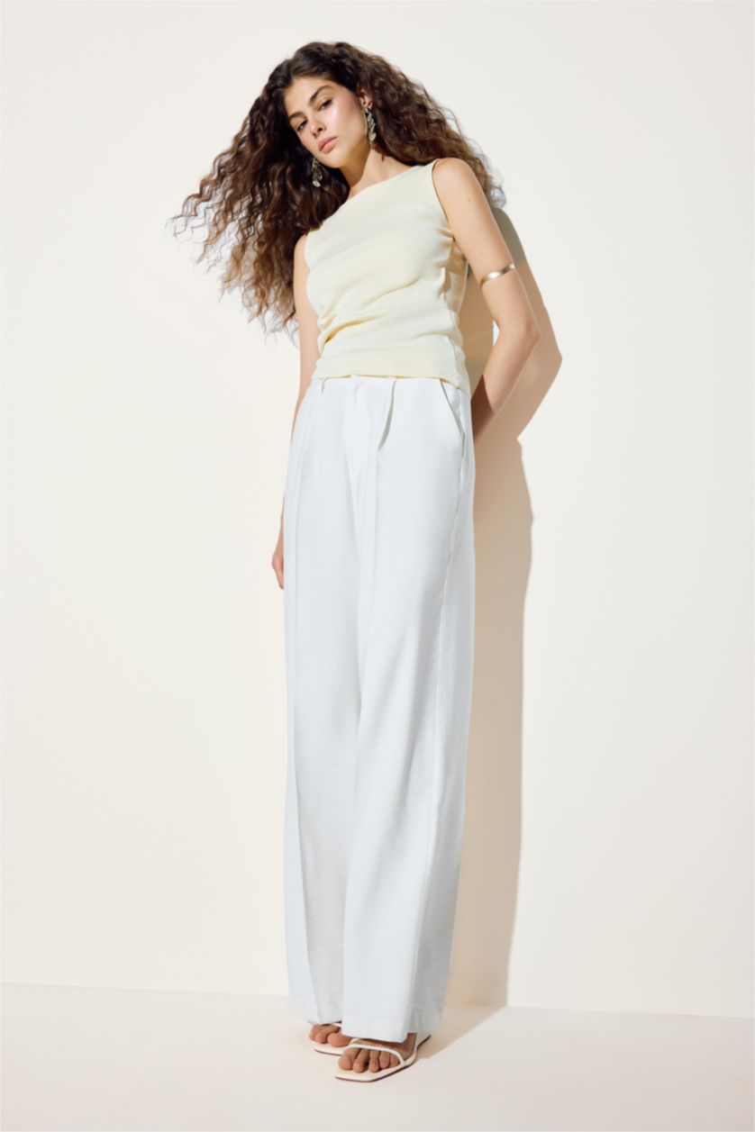 WOMAN Light Yellow Slim Fit Ribana Crew Neck Tank Top