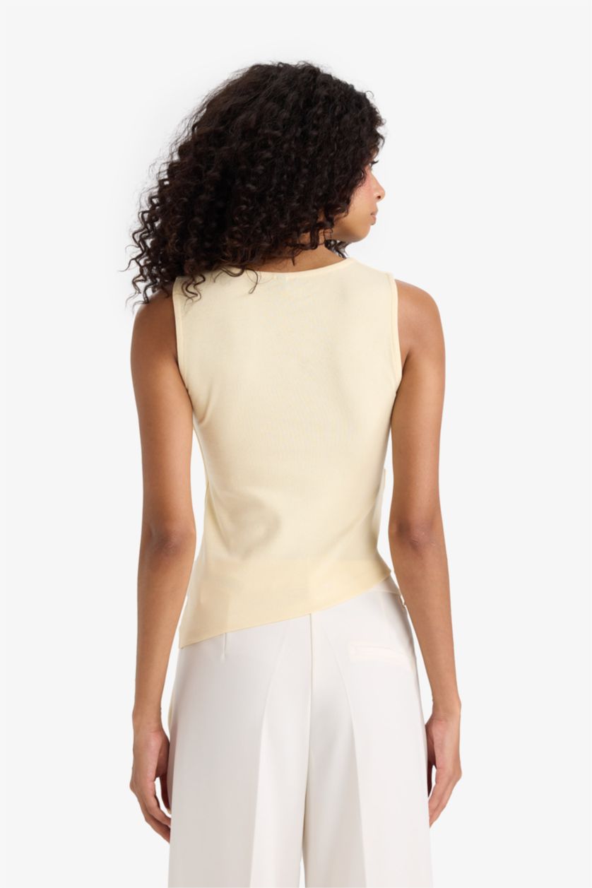 WOMAN Light Yellow Slim Fit Ribana Crew Neck Tank Top