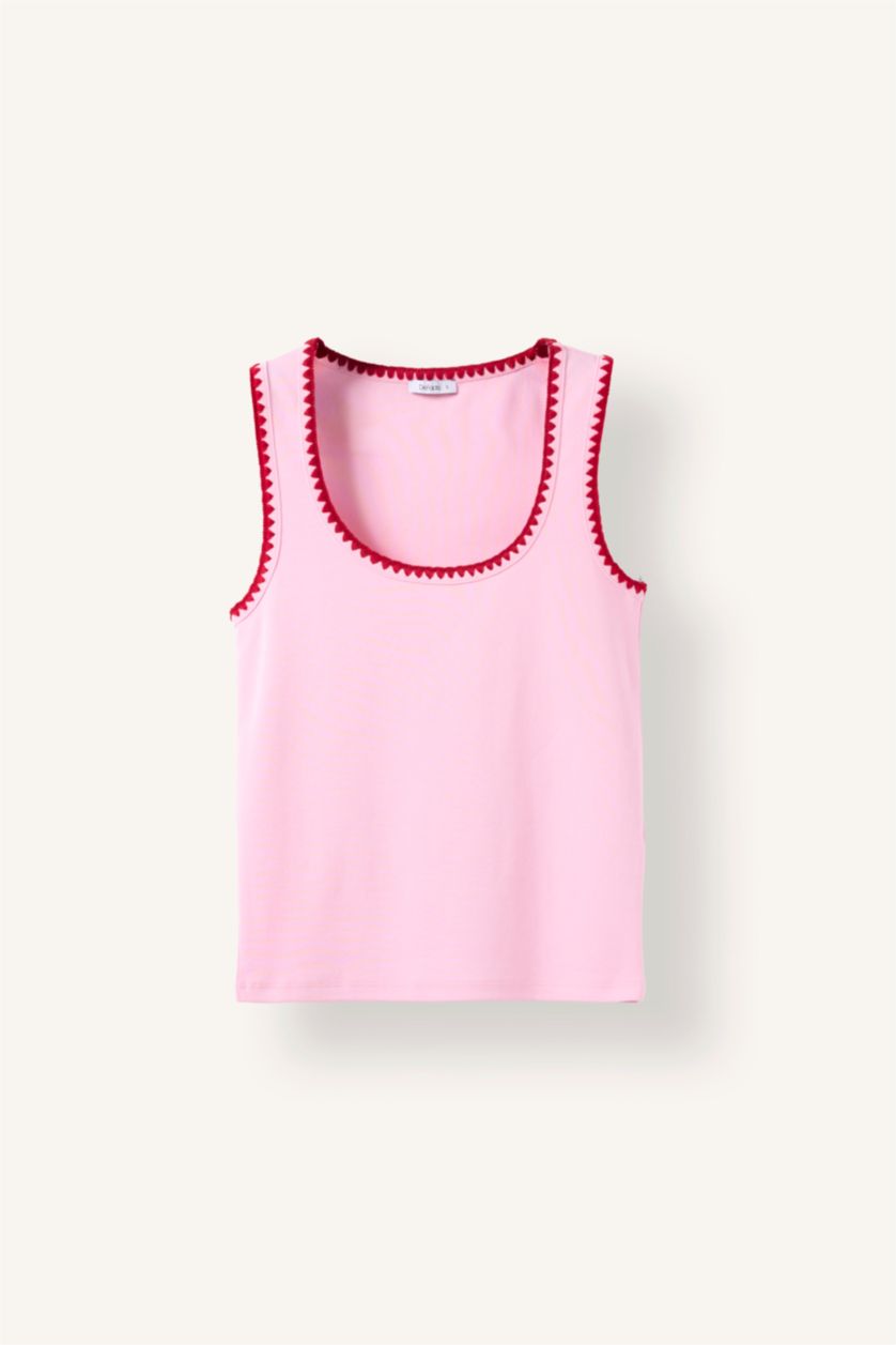 Women Pink Slim Fit Ribana Round Collar Tank Top