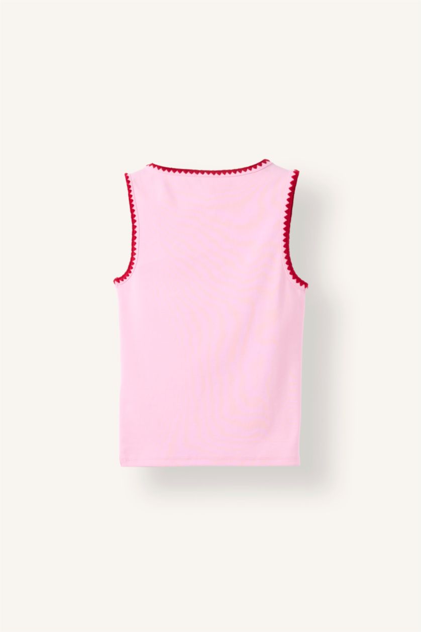 Women Pink Slim Fit Ribana Round Collar Tank Top