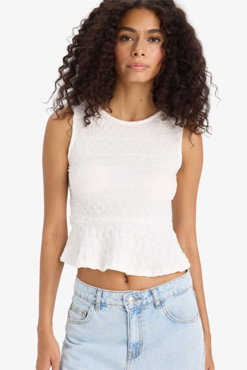 FEMME Écru Débardeur slim en tissu froissé à col rond