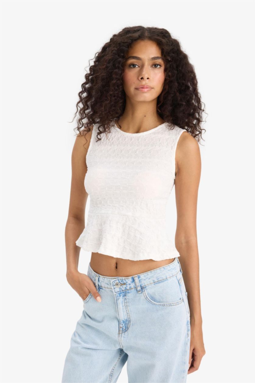 FEMME Écru Débardeur slim en tissu froissé à col rond