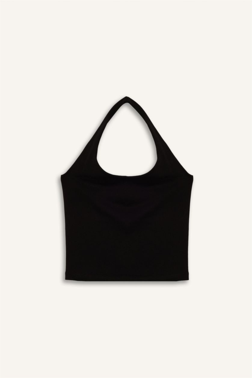 WOMAN Black Slim Fit Halter Collar Tank Top