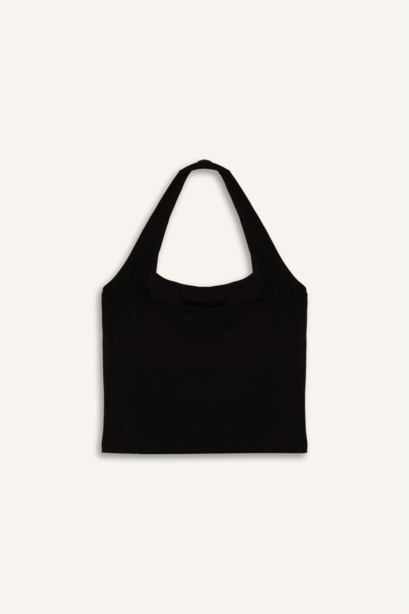 WOMAN Black Slim Fit Halter Collar Tank Top