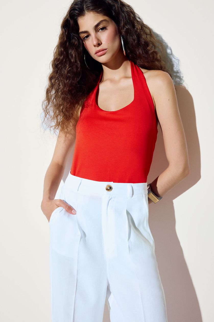 WOMAN Red Slim Fit Halter Collar Tank Top