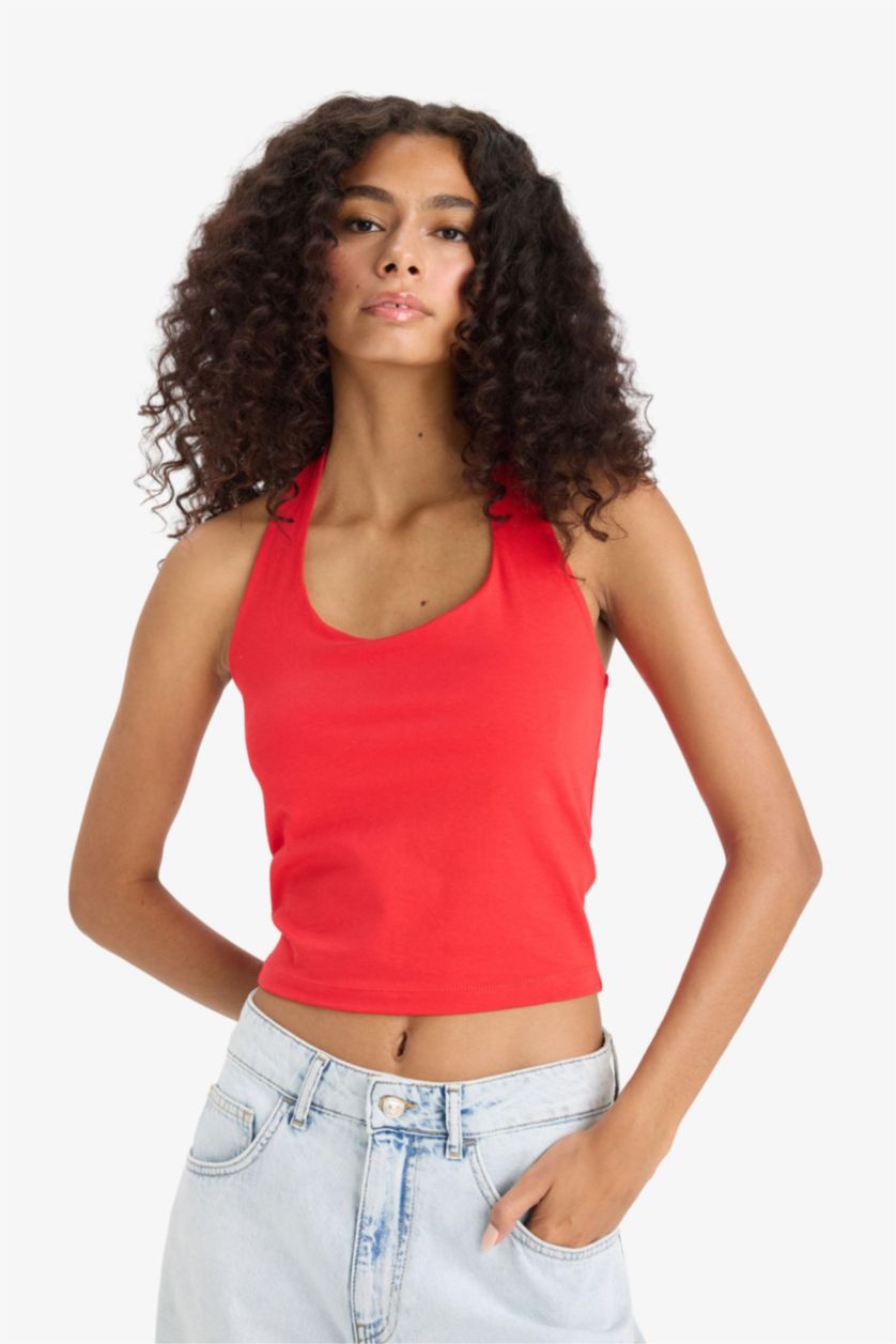 WOMAN Red Slim Fit Halter Collar Tank Top