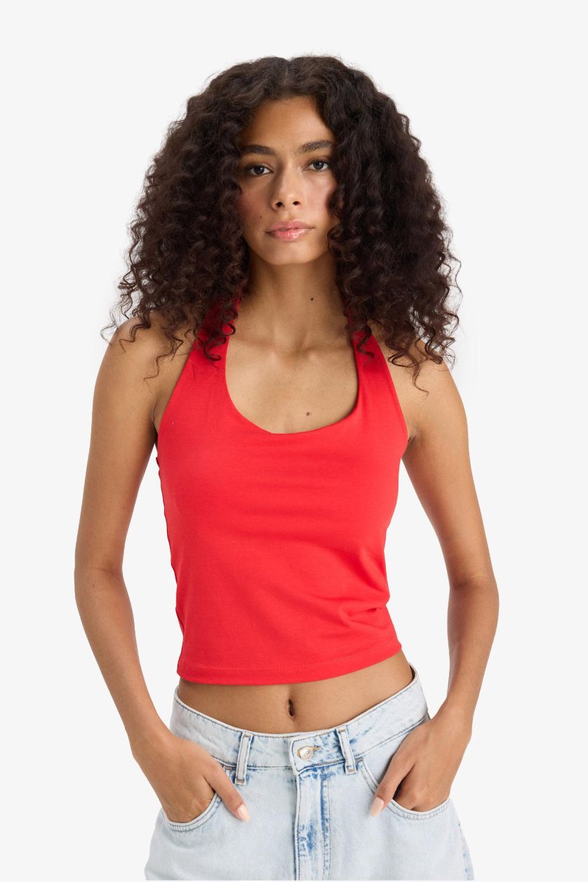 WOMAN Red Slim Fit Halter Collar Tank Top