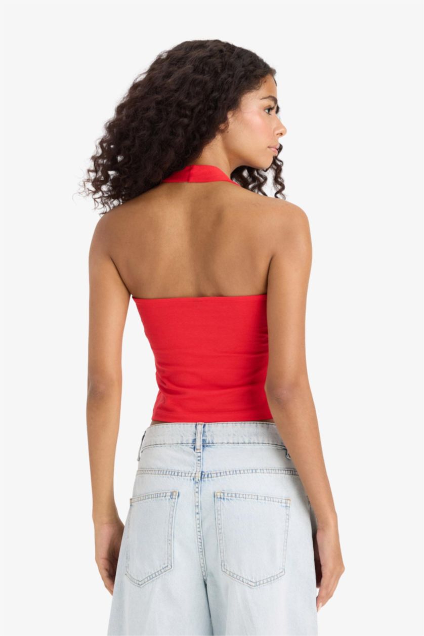 WOMAN Red Slim Fit Halter Collar Tank Top
