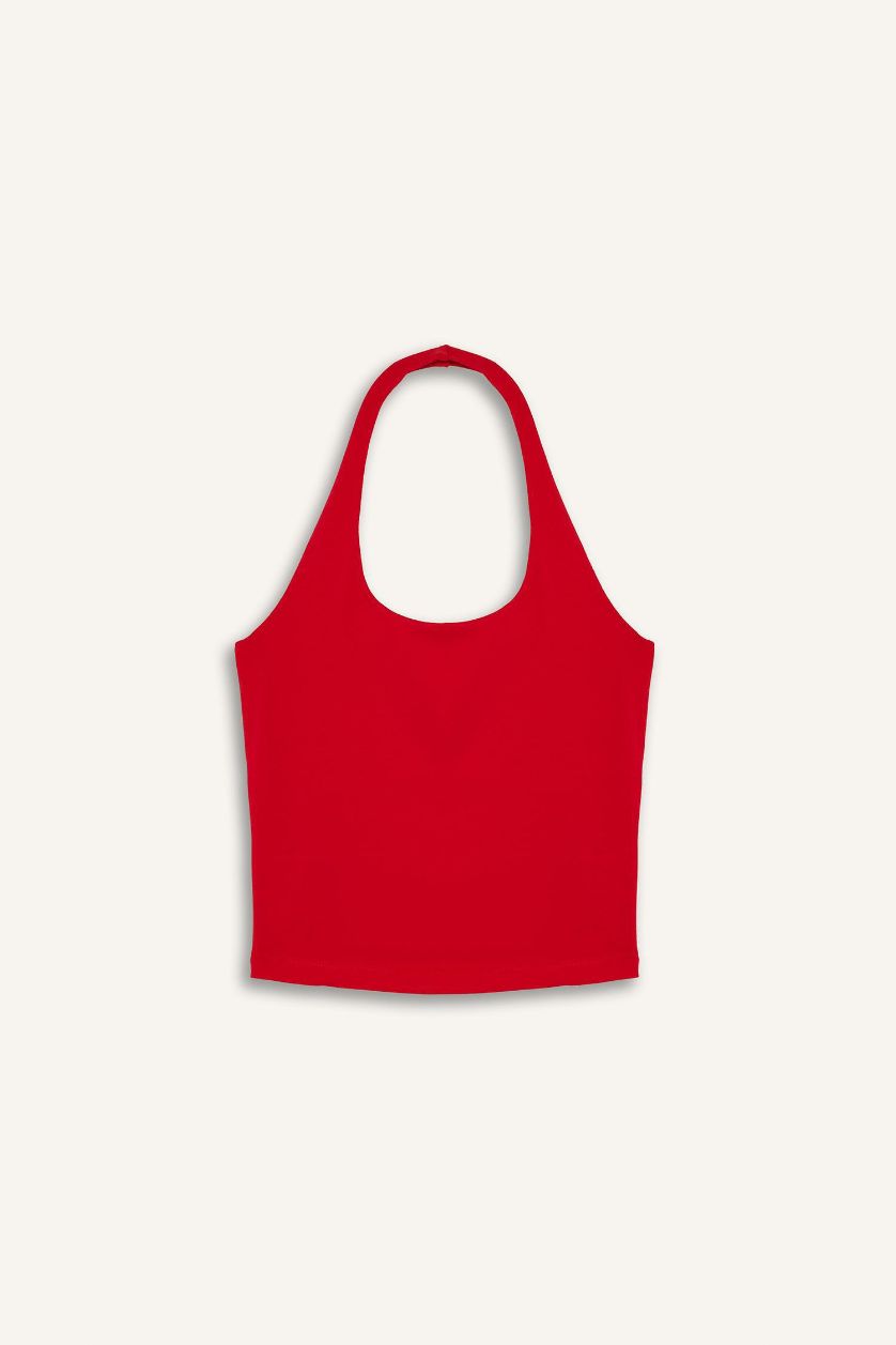 WOMAN Red Slim Fit Halter Collar Tank Top