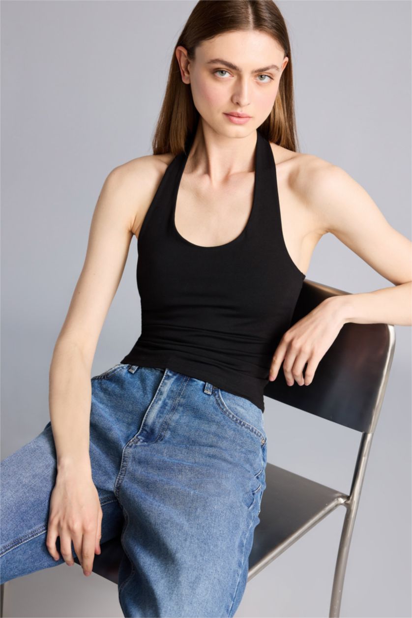 Kadın Siyah Slım Fıt Halter Yaka Atlet