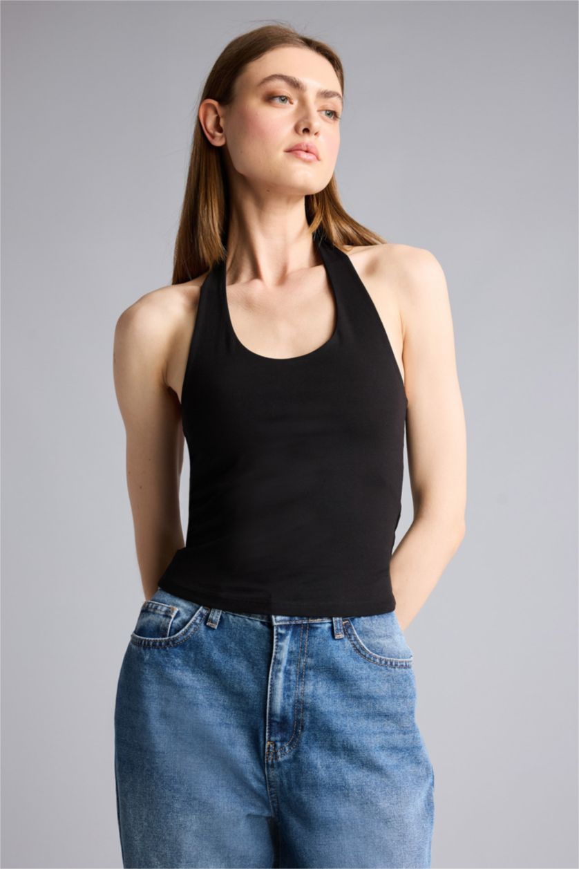 Kadın Siyah Slım Fıt Halter Yaka Atlet