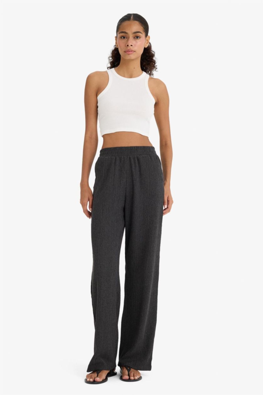 Kadın Antrasit Wide Leg Basic Düz Bürümcük Geniş Paça Pantolon