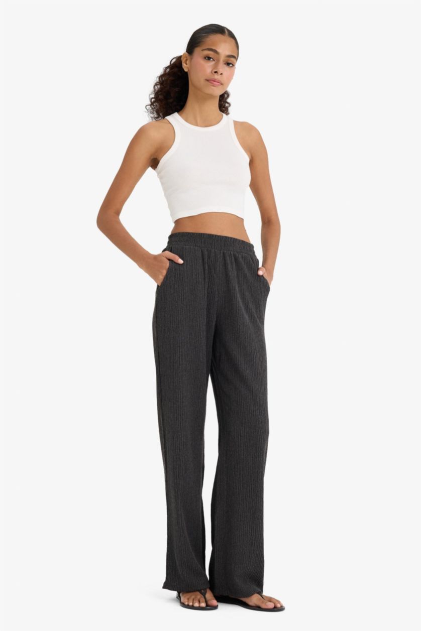 Kadın Antrasit Wide Leg Basic Düz Bürümcük Geniş Paça Pantolon