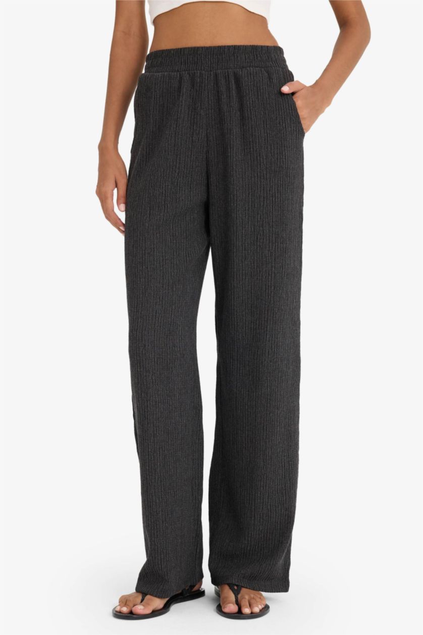 Kadın Antrasit Wide Leg Basic Düz Bürümcük Geniş Paça Pantolon