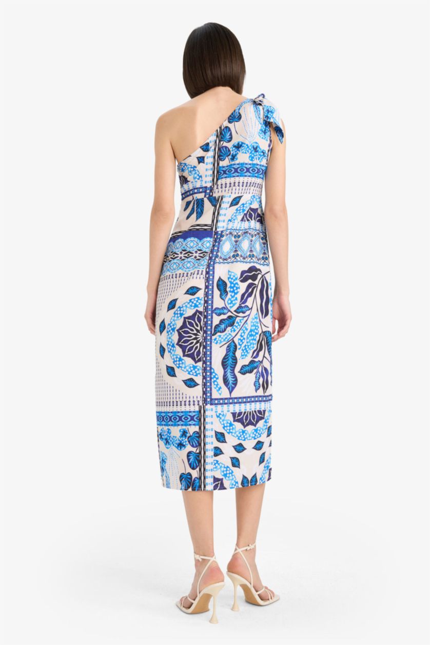 Kadın Mavi Regular Fit Tropikal Desenli Tek Omuzlu Poplin Plaj Elbisesi