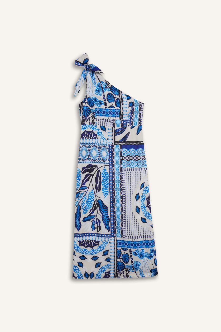 Kadın Mavi Regular Fit Tropikal Desenli Tek Omuzlu Poplin Plaj Elbisesi