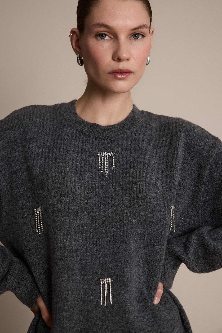 Kadın Antrasit Regular Fit Bisiklet Yaka Taşlı Triko Kazak Tunik