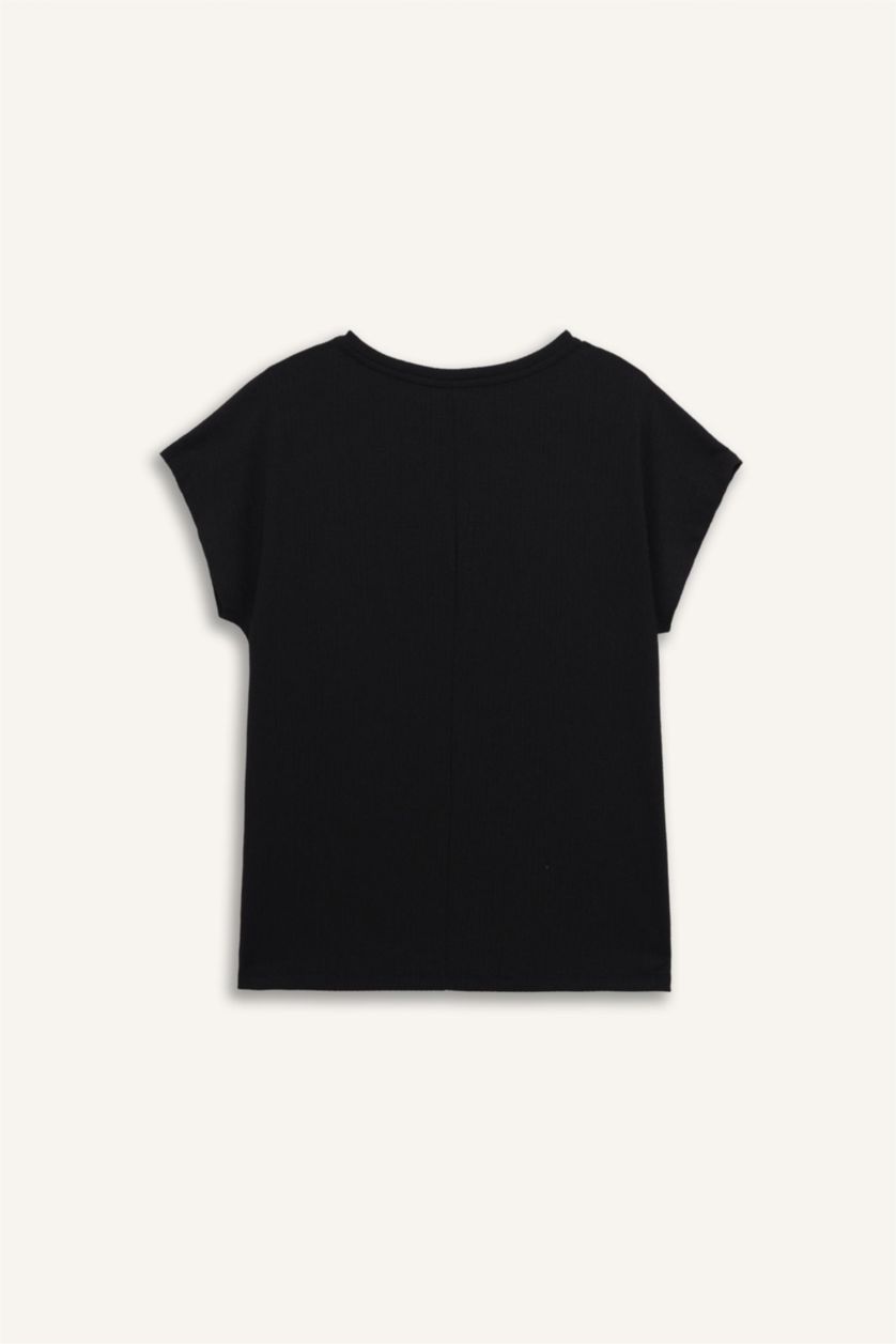 Woman Black Crew Neck Crepe Short Sleeve Black T-Shirt