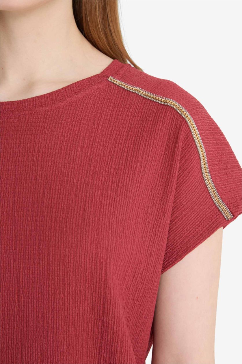 Woman Bordeaux Crew Neck Crepe Short Sleeve T-Shirt