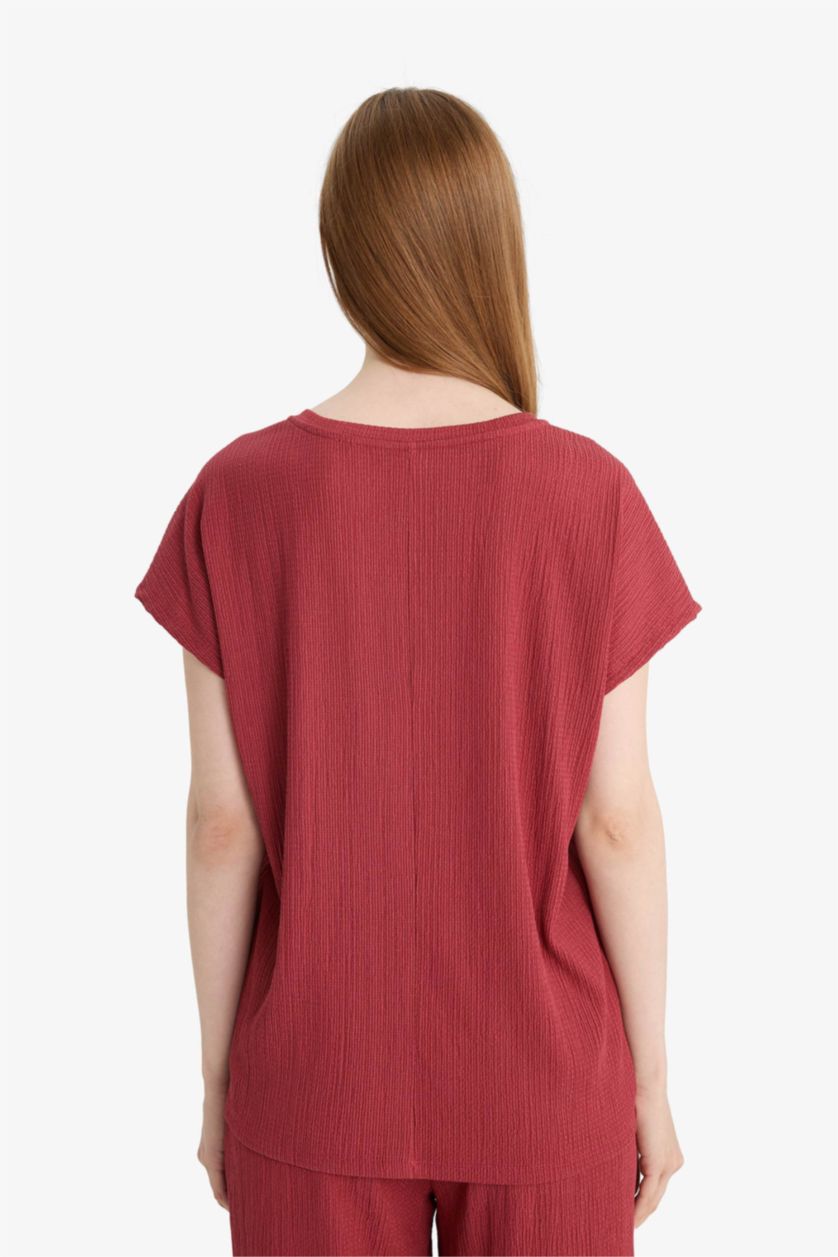 Woman Bordeaux Crew Neck Crepe Short Sleeve T-Shirt