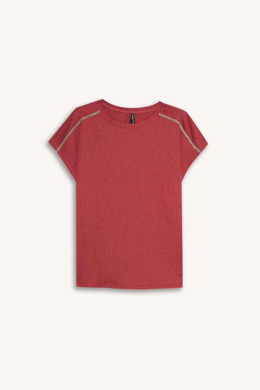 Woman Bordeaux Crew Neck Crepe Short Sleeve T-Shirt