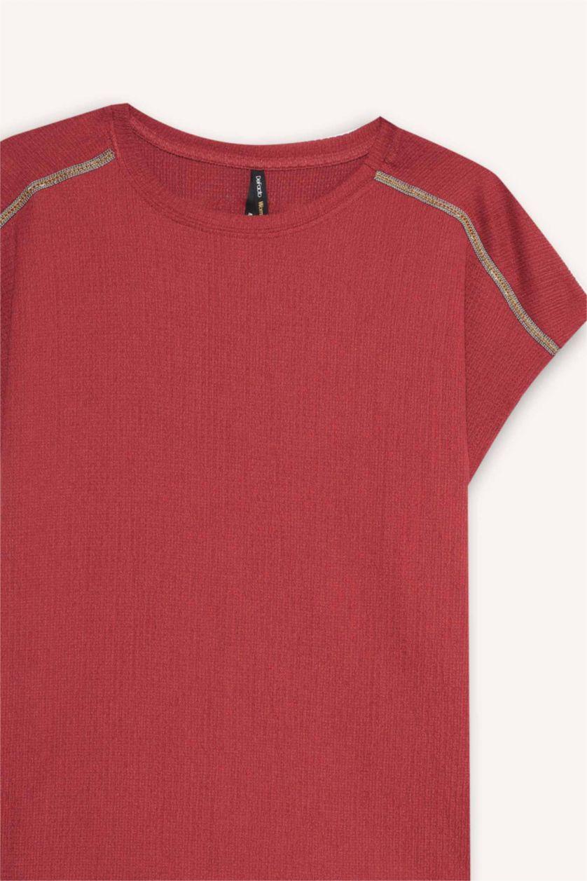Woman Bordeaux Crew Neck Crepe Short Sleeve T-Shirt