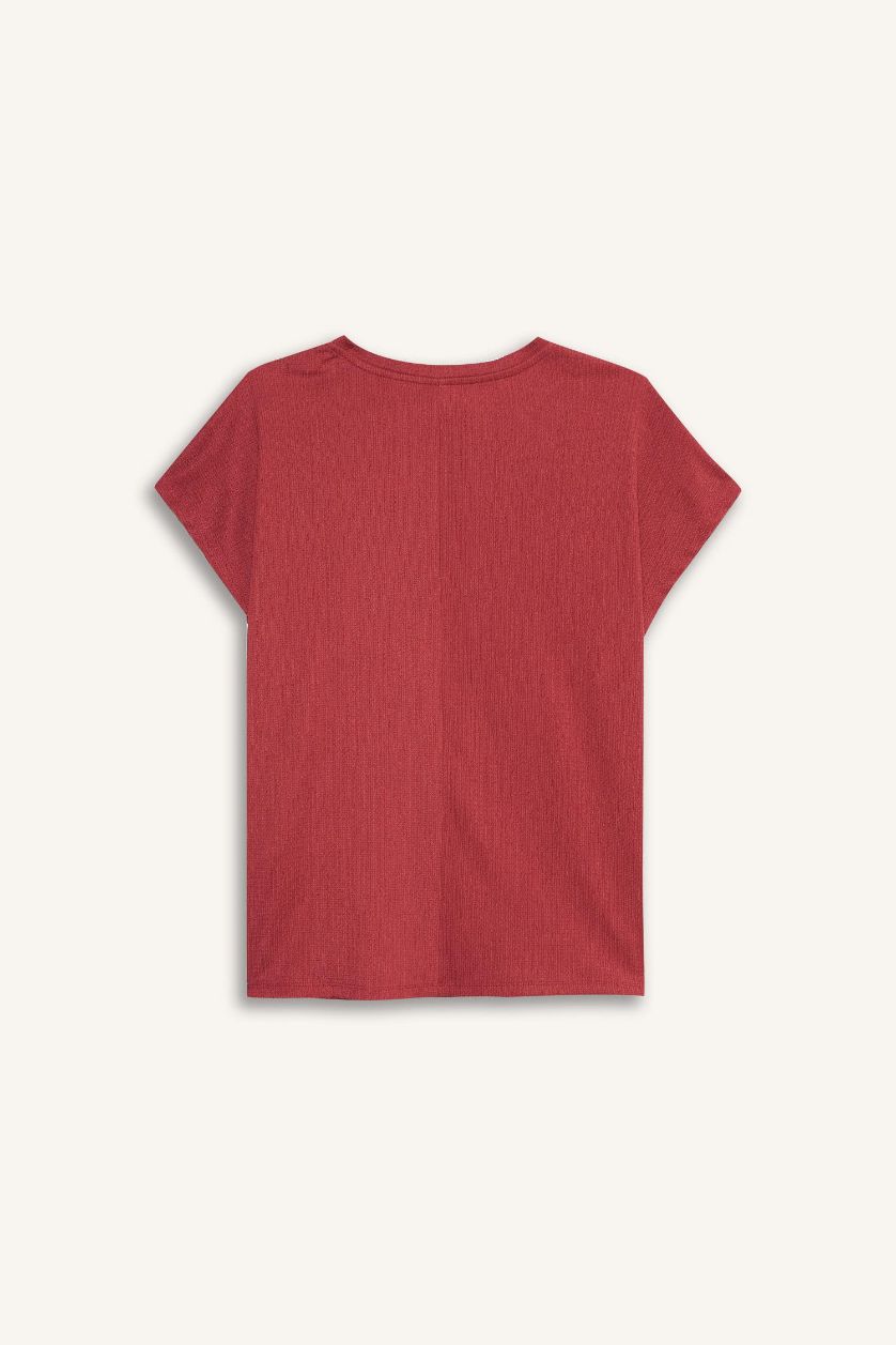 Woman Bordeaux Crew Neck Crepe Short Sleeve T-Shirt