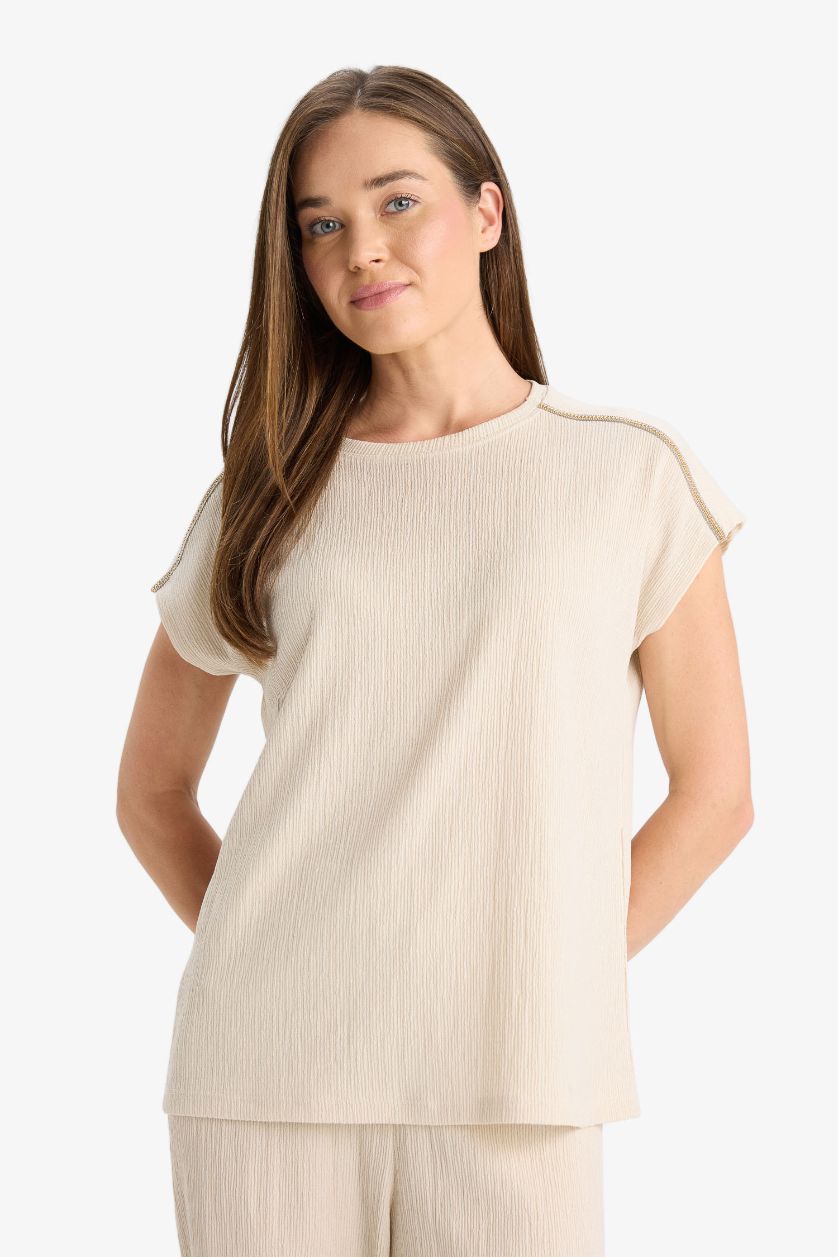 WOMAN Stone Crew Neck Crepe Short Sleeve T-Shirt