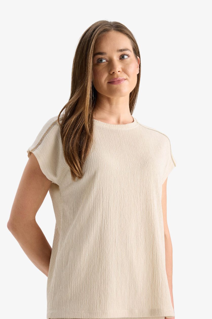 WOMAN Stone Crew Neck Crepe Short Sleeve T-Shirt