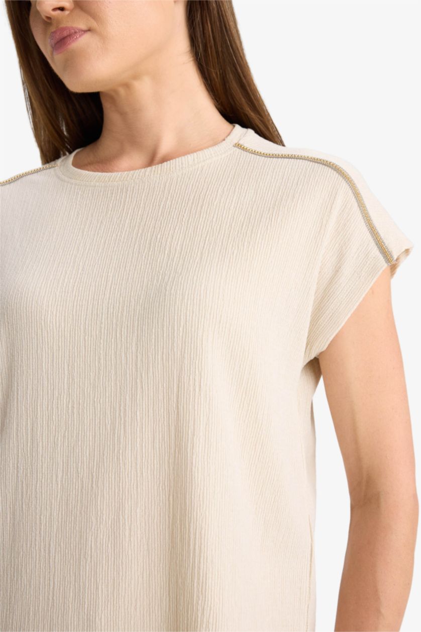 WOMAN Stone Crew Neck Crepe Short Sleeve T-Shirt