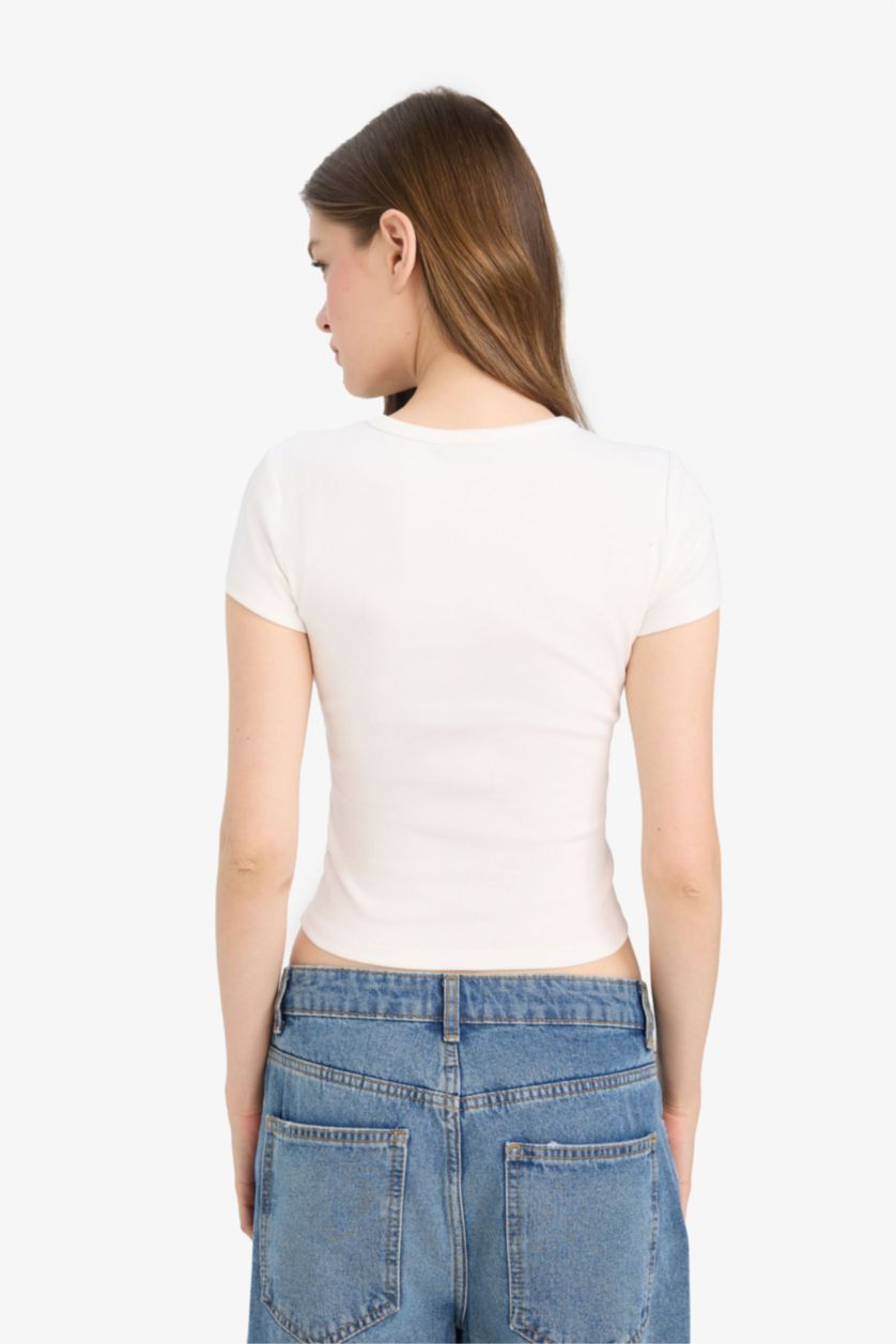 Kadın Kırık Beyaz Fitted Bisiklet Yaka 2'li Ribana Kısa Kollu Tişört