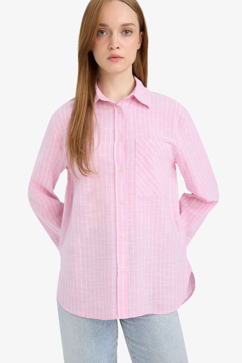 نساء زهري غامق قميص مخطط قطن ردن طويل قصة مريحة