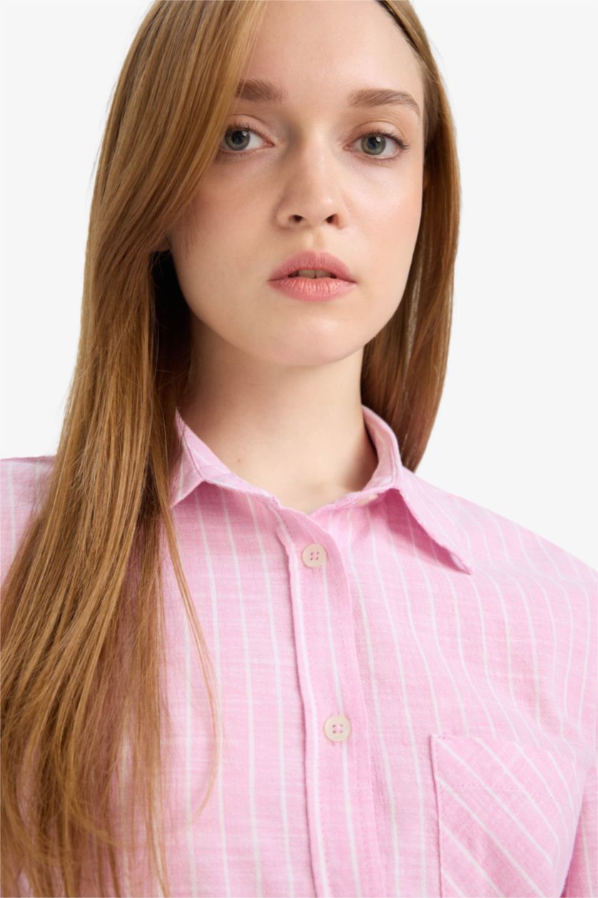 نساء زهري غامق قميص مخطط قطن ردن طويل قصة مريحة